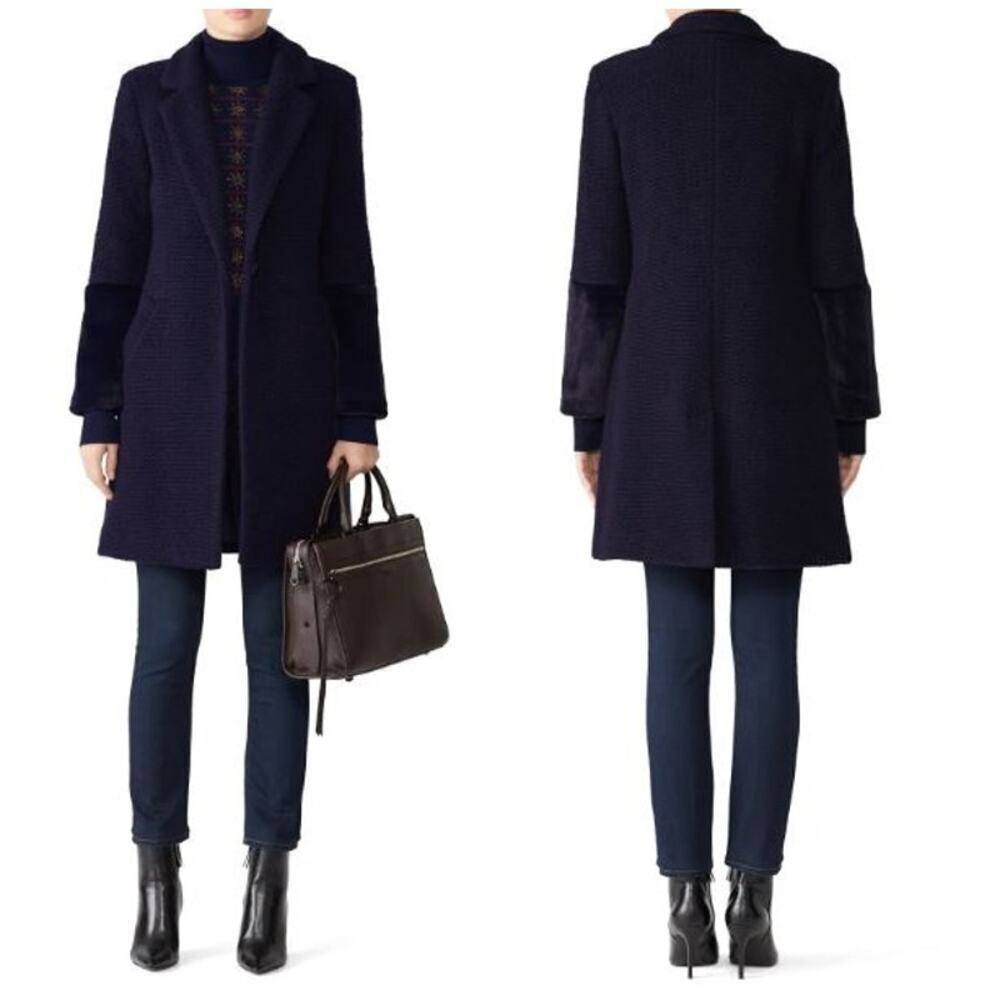 Hutch Tweed Faux-Fur Texture-Rich Wool-Blend Elaina Long Coat Navy Women's Small